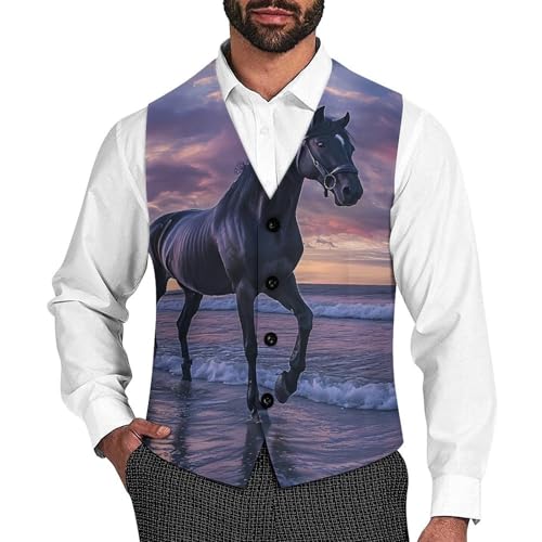 Wild Horse on Beach Men's Suit Vest Slim Fit Business Dress Party Pattern Waistcoat Vest Top