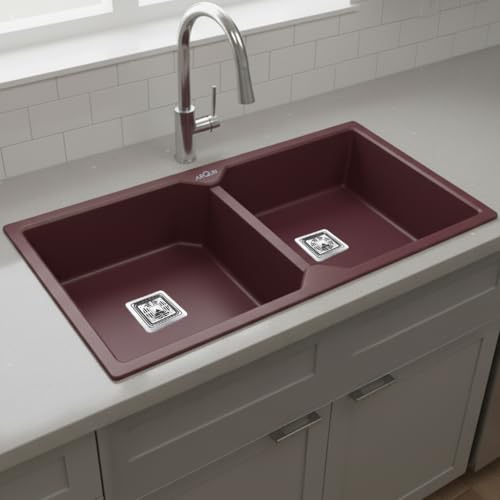 Image of ARQUIN Double Bowl Quartz Kitchen Sink 37x18x9 Inch Brown | Durable & Scratch-Resistant Sink | Undermount,Topmount | Including Coupling,Sink Connector,Waste Pipe & Fruit Washing Basket