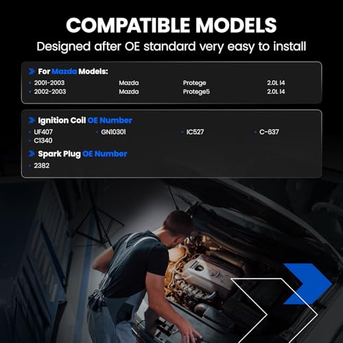 Image of 2-Pack UF407 Ignition Coils & 4-Pack 2382 Spark Plugs Kit Compatible with Mazda Protege 2001-2003, Protege5 2002-2003, 2.0L L4 - Replaces GN10301 IC527 C-637 C1340 & more