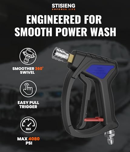 Image of Short Pressure Washer Gun with 360 Swivel, High Pressure Stubby Power Washer Gun Kit with 5 Nozzle Tips, M22-14mm & 15mm Adapters, 3 /8 inch QC for Car Wash Detailing & Cleaning (Black)