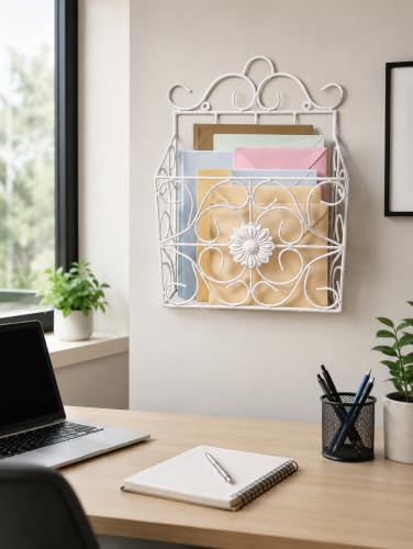 Image of Wall Mounted Hanging File & Magazine Holder - Metal Organizer for Newspapers, Documents & Office Storage | Decorative Rack for Home & Workspace 39x26x10 cm. (White)