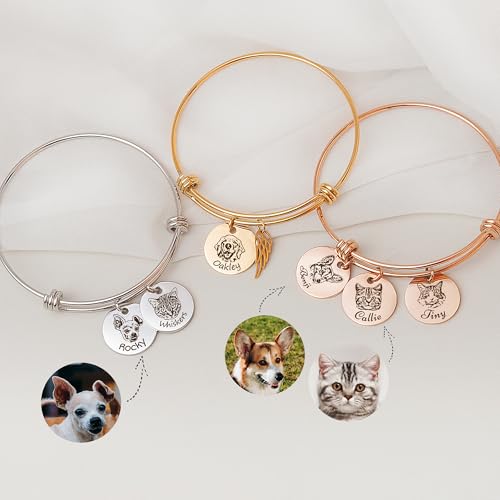 Anavia 1/2/3/4 Disc Pet Portrait Bangle Bracelet, Personalized Pet Memorial Expandable Charm Bracelet Jewelry Gift, Customized Round Disc Photo Engraved Dog Cat Bracelet for Animal Lovers2