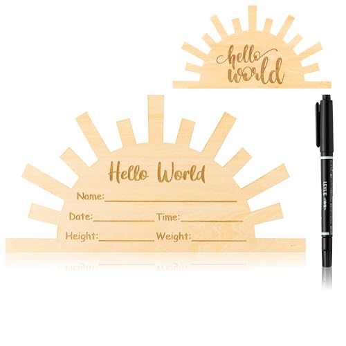 Image of R HORSE Birth Announcement Sign With Marker Pen, Double Sided Wooden Hello World Newborn Announcement, Boho Sun Baby Name Sign Nursery Decor Shower Keepsakes Photo Props for Boy Girl