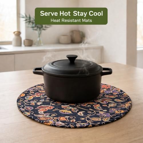 Image of Premium Round Cotton Dining Table Mats Set of 6 | Washable Heat Resistant Food Mat | Circular Dining Table Hot Plate Mats & Coaster for Hot Utensil (14-inch, Printed Floral /Blue)