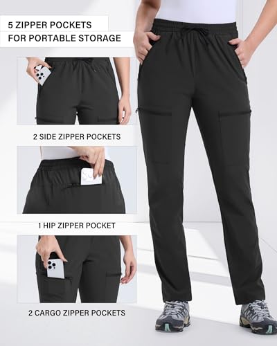 33,000ft Wanderhose Damen Outdoorhose Wasserabweisend Trekkinghose mit 5 Taschen Leichte Cargohosen Atmungsaktiv Funktionshose für Camping Laufen Schwarz 29L-XL