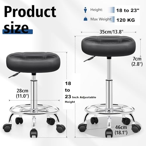 Image of Css Rolling Stool with Wheels, PU Leather Small Office Chair with Foot Rest,Versatile Adjustable 18-23 Inch Swivel Stool for Tattoo Massage Salon Spa Teach Medical Facial Office Home Drafting Kitchen