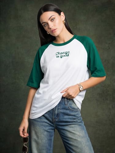 Image of JUNEBERRY 100% Pure Cotton Oversized Fit Drop Shoulder Graphic Printed Raglan Sleeves Boyfriend T-Shirt for Women (Sizes: S to 2XL)