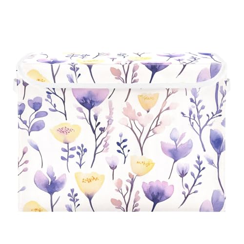 Image of senya Large Storage Bins with Linen Yellow Purple Flower Collapsible Foldable Storage Cubes Fabric Closet Organizer Containers Box with Flip-Top Lid for Home Bedroom Office 16.7 x 12.6 x 11.8in
