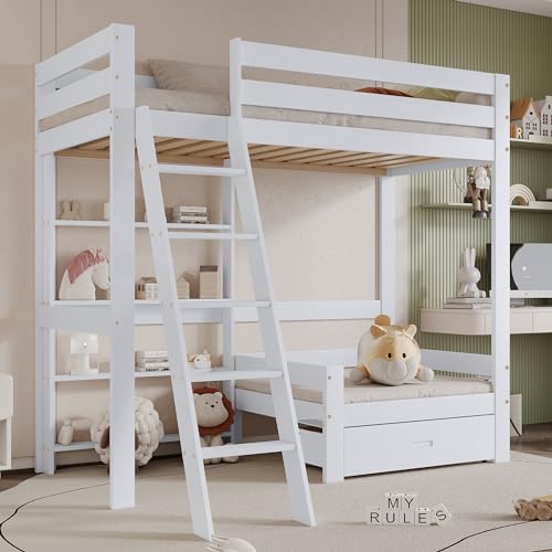 VIVCA Litera con estantes y sofá, 90 x 200 cm, cama de madera con un cajón, cuna con deslizador inclinado de cinco niveles, marco de cama de madera maciza, color blanco