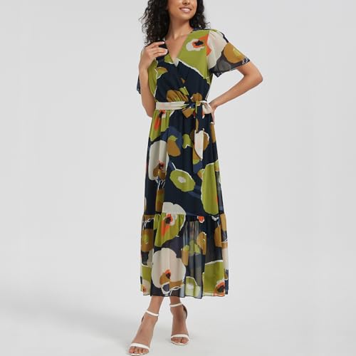Image of Women's Summer Bohemian Floral Chiffon Dress Cap Sleeve V Neck Ruffle Long Flowy Boho Casual Vacation Dresses