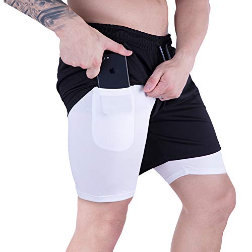 A WATERWANG Men's 2 in 1 Running Shorts Quick Dry Workout Athletic Jogging Shorts with Pockets(Black,M)