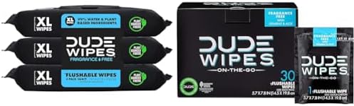 DUDE Wipes - Unscented Flushable Wipes - 3 Pack, 144 Wipes + DUDE...