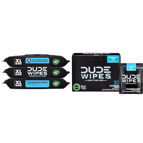 DUDE Wipes - Unscented Flushable Wipes - 3 Pack, 144 Wipes + DUDE...