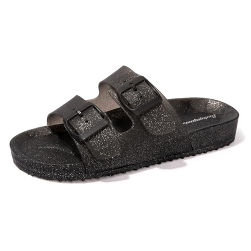 FUNKYMONKEY Women's Slides Sandals Dream Jelly Color Adjustable Double Buckle Adjustable Plastic Flat Sandals (9 M US, Glitter Black/MKLS)