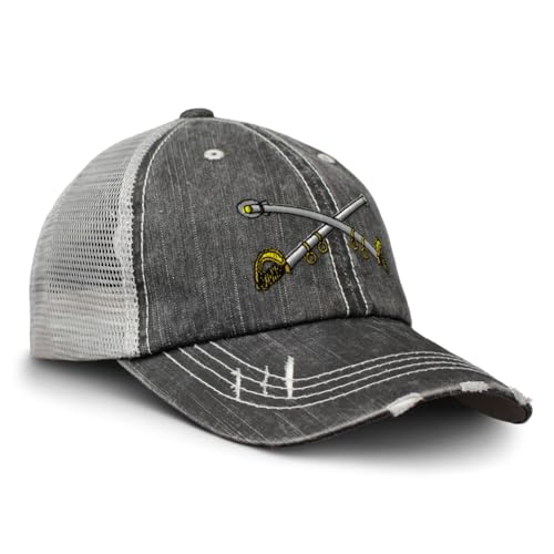 Custom Distressed Trucker Hat Cavalry Crossed Sabers Brass Embroidery Cotton for Men & Women Strap Closure Black Gray Design Only