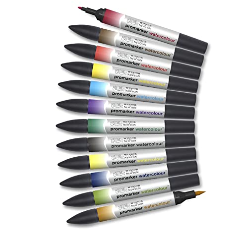 Winsor & Newton Water Colour Marker - Twin Tip - Brush + fine - Water based - Basic Tones Set of 12 , Multicolor