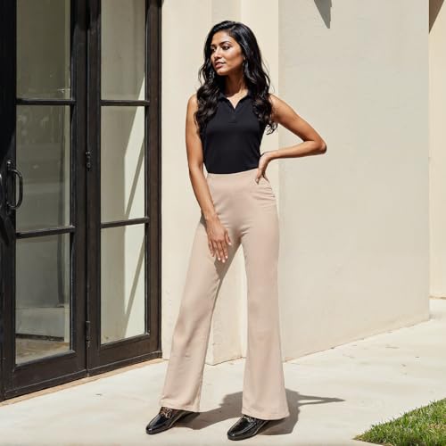 Image of Blissclub AM:PM Cotton Flare Pants for Women Upto 5'4 ft | Wide Waistband, 4 Pockets | Bell Bottom Pants and high Waist Trousers for Office wear