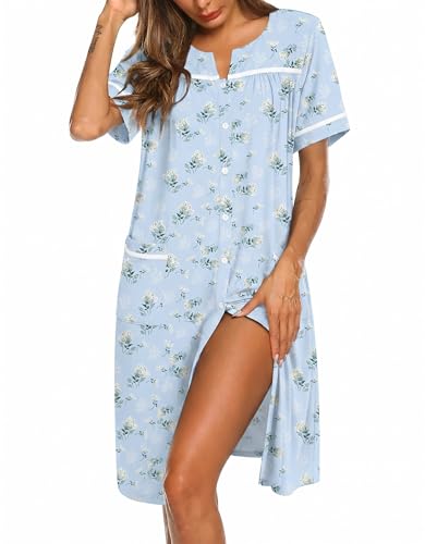 Image of Ekouaer Nightgowns for Women House Dress with Pockets Button Down Sleepshirt Short Sleeve Nightshirt Housecoat