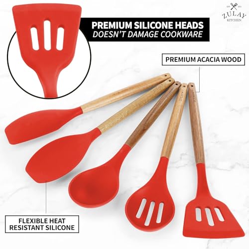 Image of Non-Stick Silicone Cooking Utensils Set, 5 Pcs With Wooden Handle, Heat Resistant Silicone Kitchen Gadgets (Red, 5)