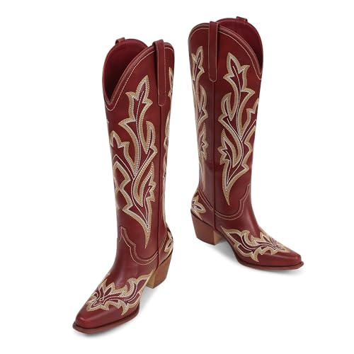 MUCCCUTE Cowboy Boots for Women Western Cowgirl Boots Knee High Pointed Toe Chunky Heels Embroidered Pull On Country Tall Boot4