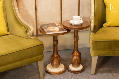 Image of Little eXtra Handcrafted Solid Wood Round Side Table with Marble Sphere Base | Wooden Accent Table for Living Room, Bedroom & Sofa Corner | Wood End Table