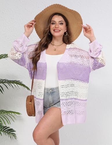 Image of IN'VOLAND Womens Plus Size Crochet Cardigan Lightweight Long Sleeve Open Front Oversized Boho Sweaters Kimonos