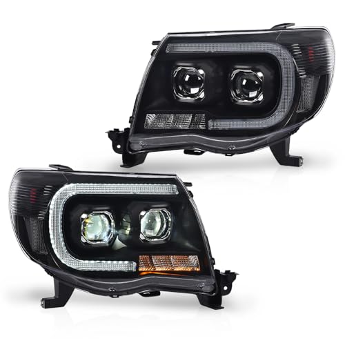 Image of GRAND ORANGE LED Tube Projector Headlights Assembly Headlamps W /o Bulbs Compatible with Toyota Tacoma 2005-2011 Clear Lens Black Housing Clear Reflector Driver & Passenger Side