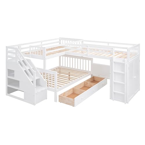 HiHomely Twin-Over-Full L-Shaped Bunk Bed with 3 Drawers, Portable Desk & Wardrobe – Space-Saving Kids’Bedroom in White