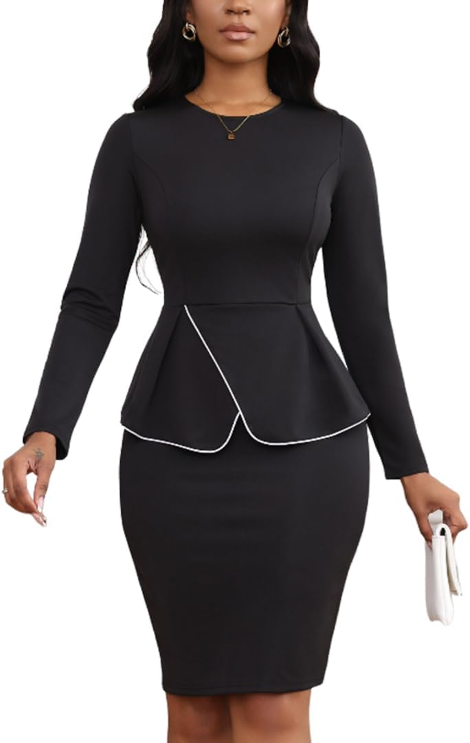 Women's 2 Piece Suit Skirt Set Peplum Long Sleeve Church Dress Suit Formal Office Business Midi Pencil Skirt Suit
