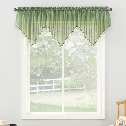 No. 918 Erica Crushed Texture Sheer Voile Beaded Ascot Curtain Valance, Sage Green, 51