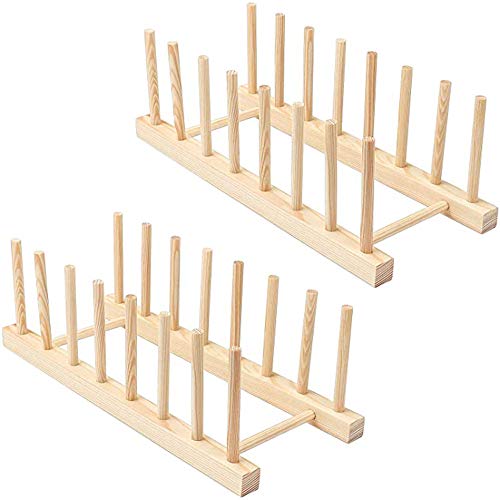 junao 2 Pack Bamboo Plate Racks Stand, Wooden Bamboo Dish Stand, for Bowl, Cup, Cutting Board Holder Dish Drainer, Storage CD Tableware Book Wine Glass Cover