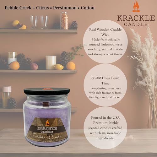 Image of Krackle Candle | Pebble Creek | 16 oz Scented Candle with Natural Crackling Wooden Wick | Poured in the USA | Citrus, Persimmon & Cotton Fragrance