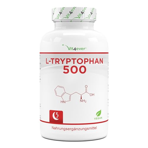 L-Tryptophan 500 mg - 240 vegane Kapseln - Aus pflanzlicher Fermentation - 8 Monate Reichweite - Ohne Zusätze - Vegan