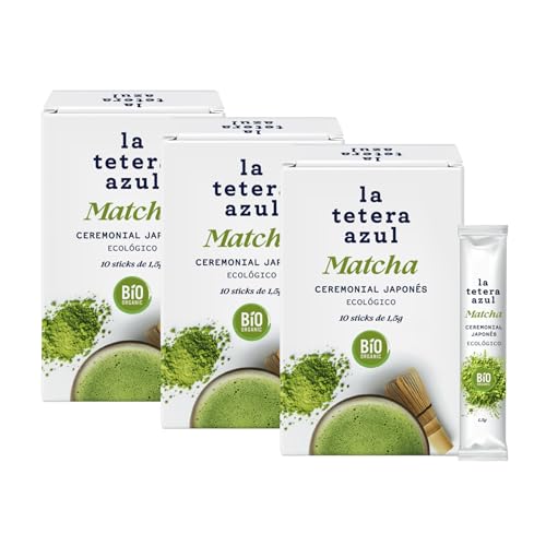 La Tetera Azul Matcha Té Verde Japonés Ecológico, Antioxidante, Sin Azúcar, Ideal para Concentración y Bienestar, Sostenible y Ceremonial, Cada caja con 10 Sticks Monodosis de 1,5 g, Pack de 3 cajas