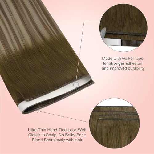Image of Easyouth 120g 22inch Tape in Weft Hair Extensions Human Hair Balayage Human Hair Tape in Extension Dark Brown Fading to Brown Mixed Blonde Invisible Tapes in Weft Extensions Add Volume to Hair 4pcs