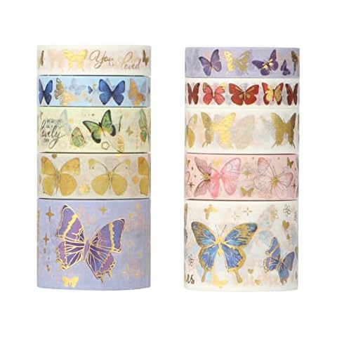 LGEGE 10 Rolls Aesthetic Washi Tape Set,30/15/10 mm Wide,Butterfly Show, Gold Blocking Japanese Masking Tape Décor for Scrapbook, DIY Craft,Gift Wrapping, Bullet Journal, Planners,Stationery (3m) Cover