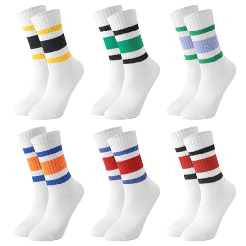 Image of Jspupifip 6 Pair Retro Striped Socks for Women Vintage Crew Soft Comfortable Fashionable Casual Vintage Crew Calf Tube Sock (White)
