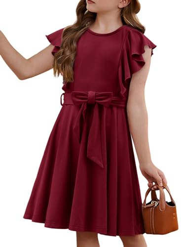 storeofbaby Girls Casual Ruffle Dress Elegant A-Line Flowy Dresses with Belt 5-14 Years4