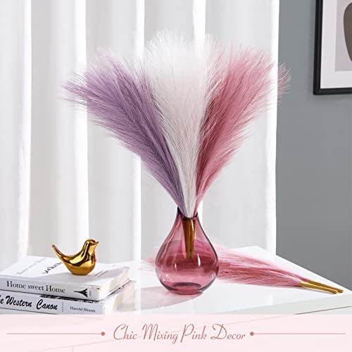 Image of Serwalin Faux Pampas Grass Pink Purple Decor 17 Inch 6pcs, Small Vase Filler Artificial Pampas Grass Arrangements, Boho Bathroom Living Room Wedding Home Pompous Flowers Party Decoration