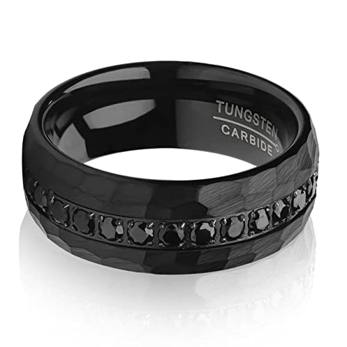 Black Tungsten Ring Man's Wedding Band 8mm Hammered CZ Diamond Anniversary & Engagement Comfort Fit Unique Dome Shape Unisex2