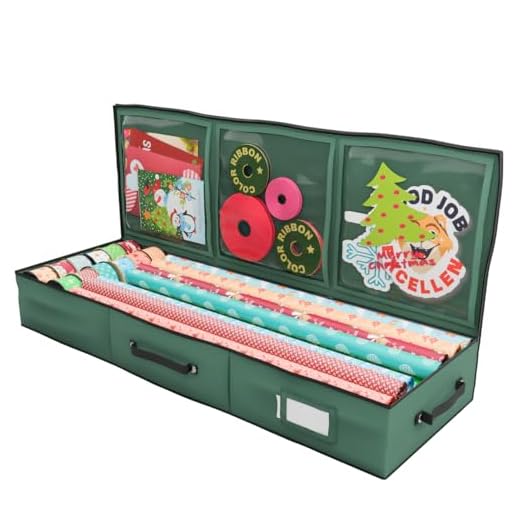 Primode Wrapping Paper Storage Container, Gift Wrap Organizer Under Bed, 41”x14”x6”, Fits 18-24 Rolls Up to 40”, Durable 600D Oxford Material, Wrap Storage Box Holder with Pockets for Ribbon, Bows, and Accessories (Green)