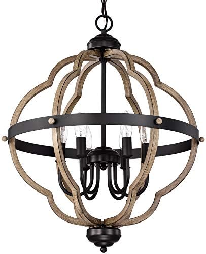 ACLand 6-Light Farmhouse Chandelier Rustic Metal Pendant Light Fixture Matte Black and Wood Texture Finish Industrial Ceiling Hanging Lighting for Indoor Foyer Kitchen Island Dining Living Room