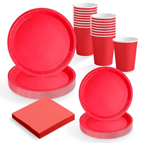 MAXI PRODUCTS - Set Vajilla Desechable Fiesta 20 Personas Rojo - 114 piezas - Vasos Cartón 270 cc + Platos Cartón Ø17 y Ø20,5 cm + Servilletas Papel 25x25 cm - Menaje para Cumpleaños y Eventos