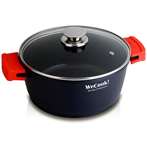 WECOOK! Ecostone Cazuela Alta Inducción con Tapa de Cristal 32cm, Antiadherente XTRA DUPON Ecológico sin PFOA, Aluminio Fundido, 5mm Espesor, 9cm Alto, Asas de Silicona, Vitrocerámica, Gas Negro