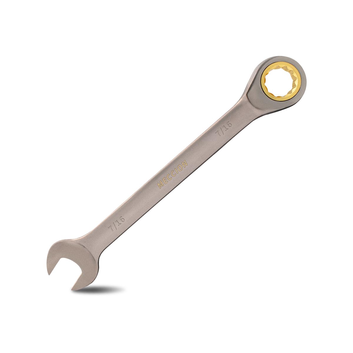 Meccion Combination Wrench 7/16 Inch SAE Open End Ratcheting Wrench - Industrial Grade Gear Spanner with Grey Nickle Plated