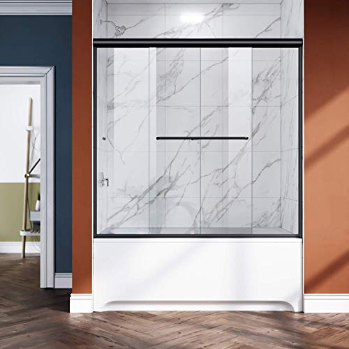Elegant Bypass Tub Shower Door, Semi-Frameless Sliding Shower Door With 1/4 In. Clear Glass, 58 1/2 In. - 60 In. W X 62 In. H Tub Sliding Shower Doors, Black Hardware #TOP7