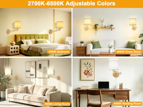 Image of GOODATE Plug in Wall Sconces with Remote Control, Dimming & Adjustable Colors 2700K-6500K, Hardwire or Plug-in, Swing Arm Wall Lamp, Wall Sconces Set of Two, White Fabric Shade, Oak Finish