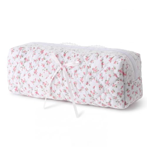 Gueevin Floral Quilted Pencil Pouch with Lace and Bow Cute Makeup Bag for Students 8.7"x2.8"x2" Cotton Pen Case for School, Office and Travel