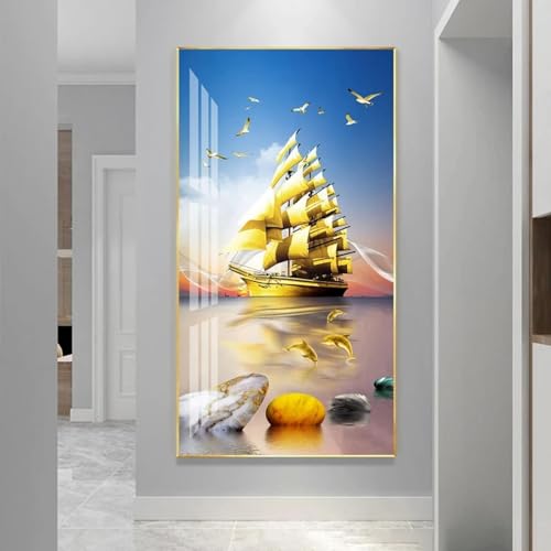 Art mural pour salon chic : grand tableau de bateau doré sur toile
