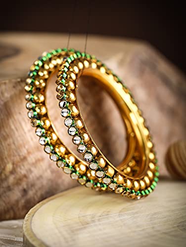 Green Kundan Plated Set of 2 Bangle Set, Traditional Gift